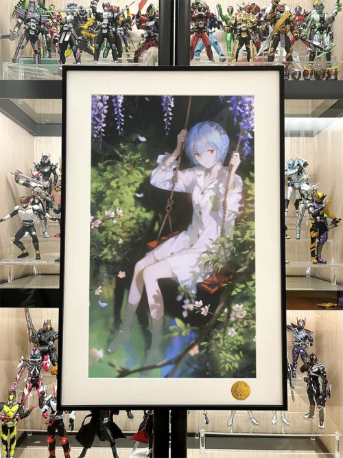"Gallery of the Limited Edition Ayanami Rei print, showing ethereal cosmic art, sleek black frame, and hand-numbered details."