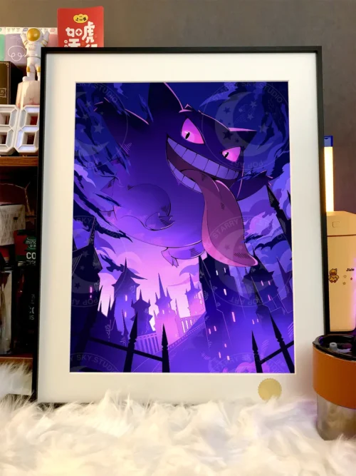 "Product gallery of the Limited Edition Gengar Starry Night decorative painting, highlighting vibrant cosmic details and Gengar's mysterious form."