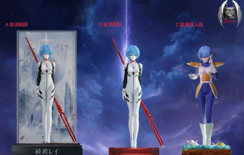 "Premium 1/6 Ayanami Rei Saiyan Version statue, a dynamic Neon Genesis Evangelion x Dragon Ball Z crossover, emerging from a dimensional portal."