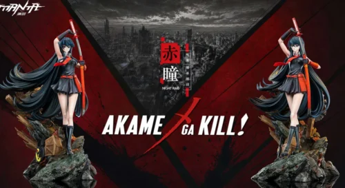 "Dynamic 1/6 scale Akame ga Kill! Akame statue by Manta Studio, showcasing her battle-ready pose and detailed metal sword from multiple angles."