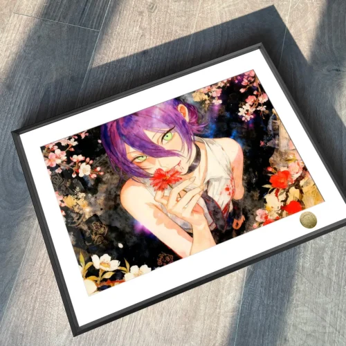 "Vibrant, limited edition Chainsaw Man Reze print, showcasing dynamic character details and the elegant frame of this hand-numbered anime painting."