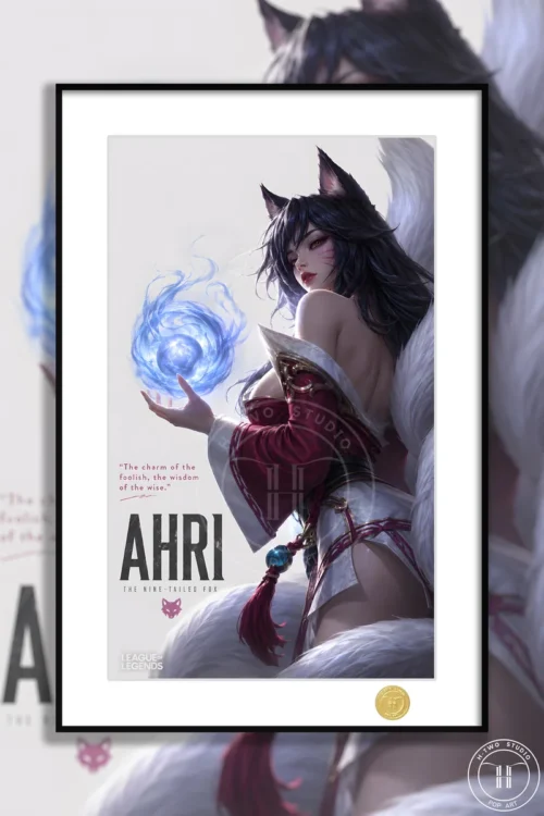 "Premium Limited Edition Ahri League of Legends art print, showcasing a dynamic, ethereal Ahri with nine tails in a sleek black frame."