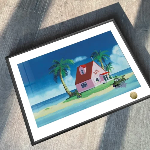 "Limited edition Dragon Ball Kame House painting detail, highlighting the hand-numbered quality and vibrant, stylized art of Master Roshi's idyllic."
