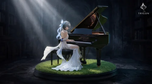 "Wuthering Waves Shore Guardian Piano Player resin statue by TRIGON Studio, captured from a unique angle, showcasing exquisite sculpted details."
