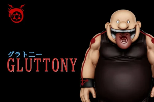 "A+ Research Institute Studio's compact, stylized Gluttony Fullmetal Alchemist figure, showcasing his hungry expression from multiple playful angles."