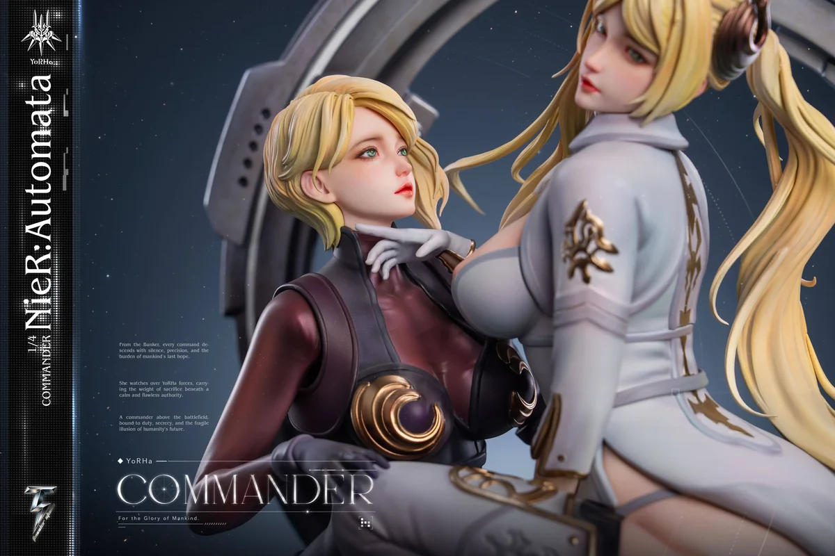 "Premium limited edition 1/4 scale NieR Automata Commander & Attendant resin statue, a dynamic high-end dual figure set with intricate sci-fi detail."