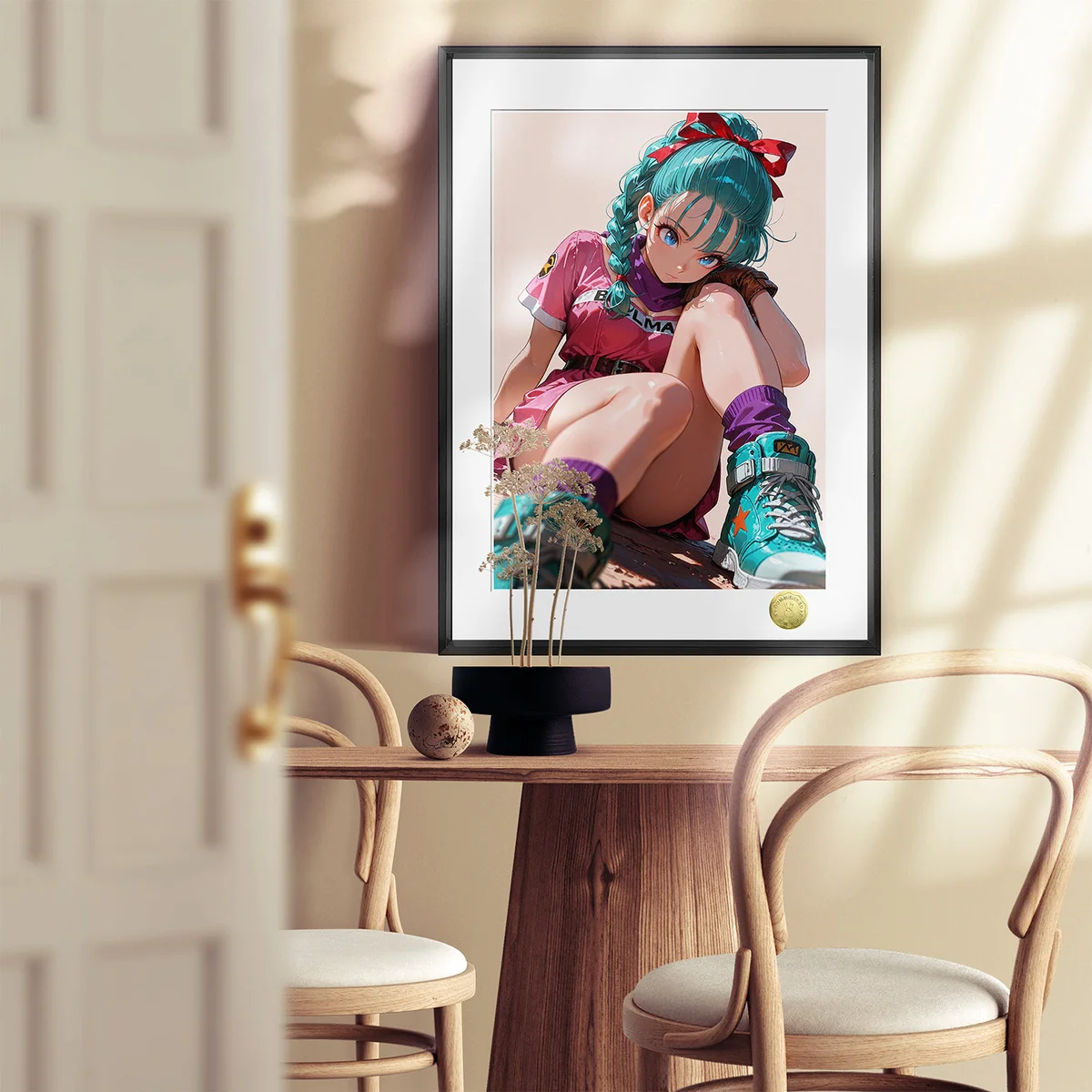 "Limited edition Genius Girl Bulma art print gallery by Huang Gua Studio. Vibrant Dragon Ball fan art, highlighting Bulma's dynamic personality."