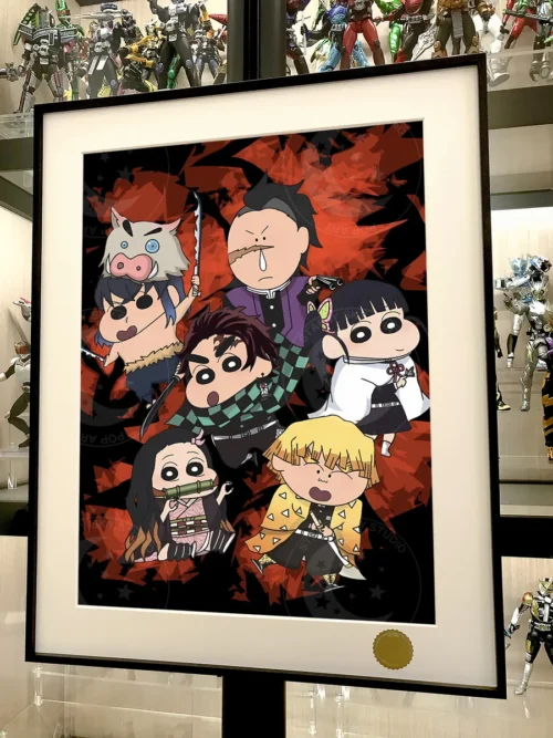 Limited edition Kasukabe Demon Slayer Corps crossover anime art print. Humorous Crayon Shin-chan characters cosplay Demon Slayer heroes.