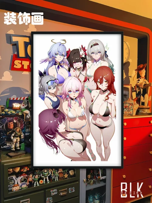 "Vibrant Honkai Star Rail swimsuit girls group in dynamic poses on premium decorative wall art, a stunning artistic display."