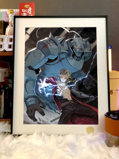 "Extremely limited Lightning Edward Fullmetal Alchemist print: dynamic lightning, cosmic background, and hand-numbered collectible."