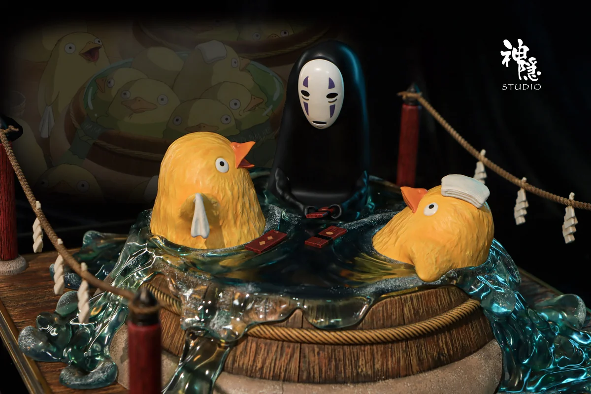 "Serene Spirited Away No-Face & Radish Spirit Bathhouse Diorama resin statue by Shenyin Studio, detailing the iconic bathing scene from various angles."