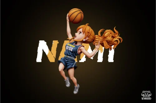 "Detailed views of the playful Nami One Piece YZ Dream Team statue, highlighting her vibrant Denver Nuggets uniform. This exclusive NBA crossover figure."
