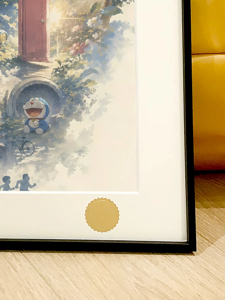 "Detailed views of the Limited Edition Premium Doraemon Art Print, showcasing Doraemon's future journey in a vibrant, starry landscape."