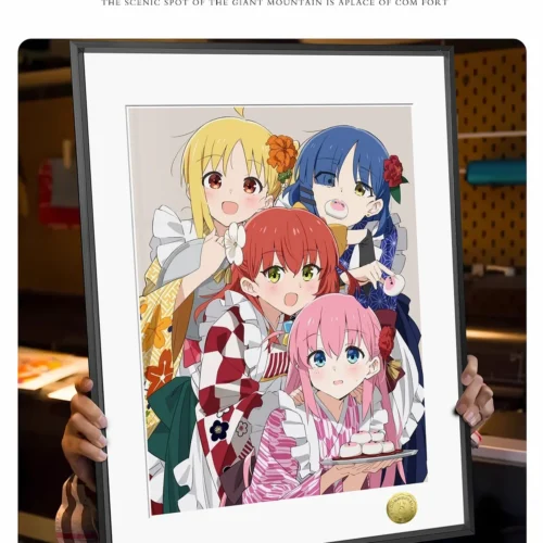 "Limited edition A3/4K Bocchi the Rock chibi group painting by Huang Gua Studio, showcasing premium framing and vibrant, playful character art details."