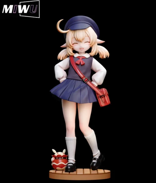 "Dynamic Genshin Impact Klee figure in exclusive school uniform. Playful, premium anti-oxidation PU, and intricate Miwu Studio details shown."