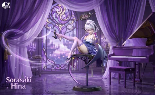 "Exquisite Blue Archive Hina 1/6 resin statue by GZ Studio. Hina in a black party dress, holding a cocktail, radiates captivating elegance."