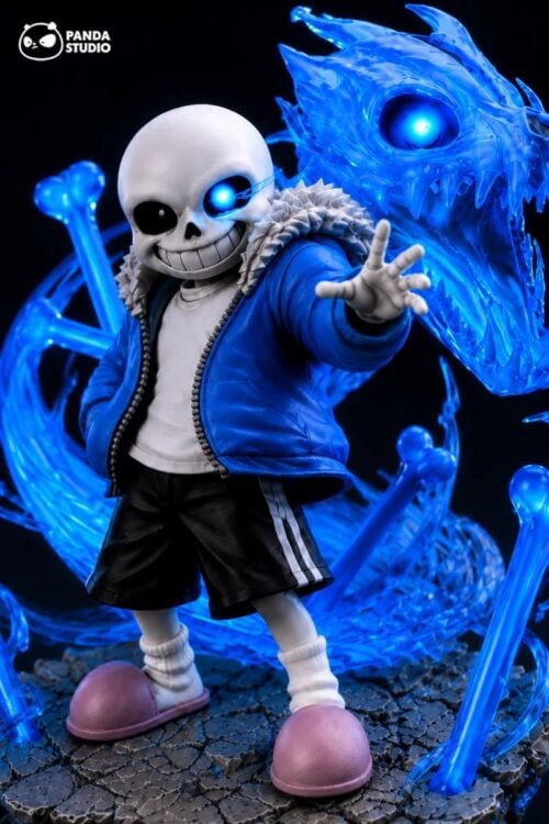 "Dynamic Undertale Sans LED statue by Panda Studio. Close-up of glowing eyes, powerful dragon, and intricate dark fantasy base details."