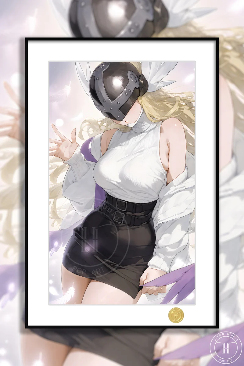 "Stunning limited edition Angewomon art print, capturing her dynamic, elegant form with vibrant colors in a modern, stylized aesthetic from Digimon."