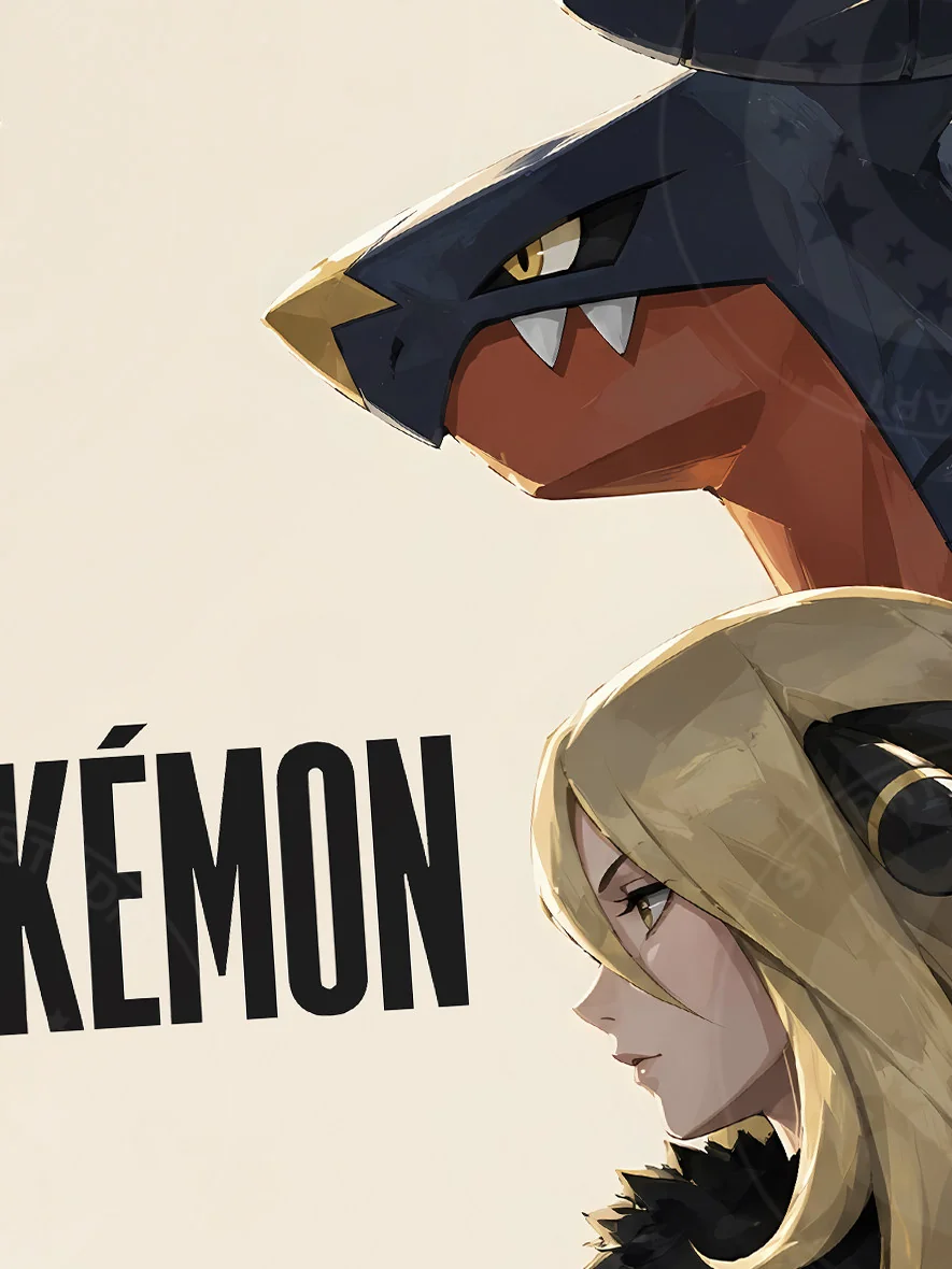 "Detailed view of the limited edition Pokémon Cynthia Garchomp Pikachu Trainer art print, highlighting vibrant cosmic artwork and premium collector's."