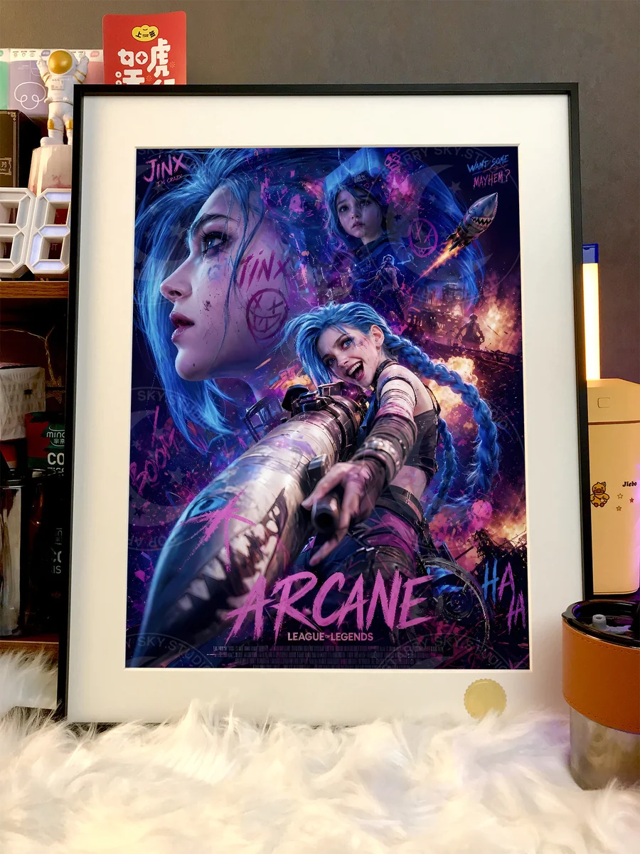 "Gallery views: Exclusive, hand-numbered Jinx Cosmic Starry Night painting. Highlights vibrant League of Legends Jinx art and premium details."