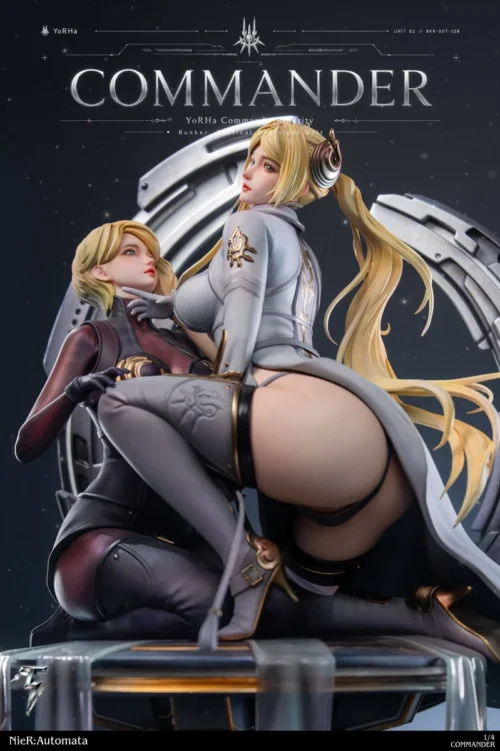 "Explore the limited edition 1/4 scale NieR Automata Commander & Attendant resin statue. This gallery showcases dynamic poses, intricate sci-fi."