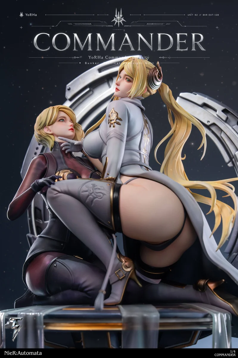 "Explore the limited edition 1/4 scale NieR Automata Commander & Attendant resin statue. This gallery showcases dynamic poses, intricate sci-fi."