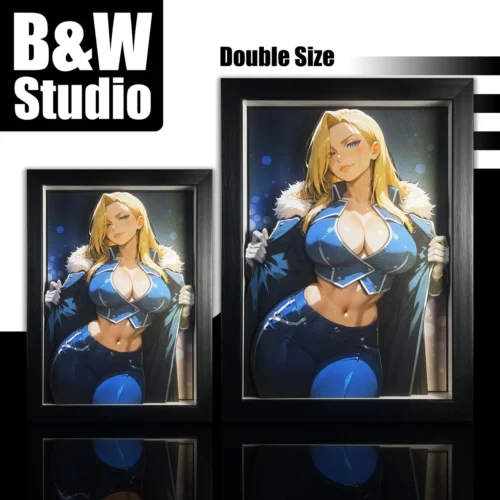 "Handcrafted 3D layered art: Olivier Mira Armstrong from Fullmetal Alchemist, a dynamic monochromatic decorative painting emphasizing her powerful."