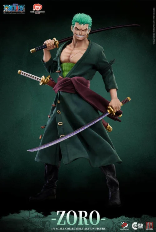 "Detailed 1/6 Platinum Silicone Articulated Roronoa Zoro figure, showcasing dynamic battle poses and premium sculpted details from One Piece."