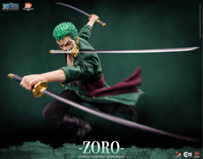 "Dynamic 1/6 Roronoa Zoro Platinum Silicone Articulated Figure from One Piece. Intricate details, movable joints, and battle poses from all angles."