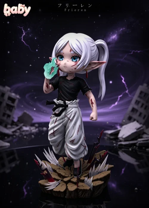 "Anya Frieren Cosplay Battle-Damaged Gojo crossover: detailed views of its intricate sculpting, playful elements, and limited edition features."