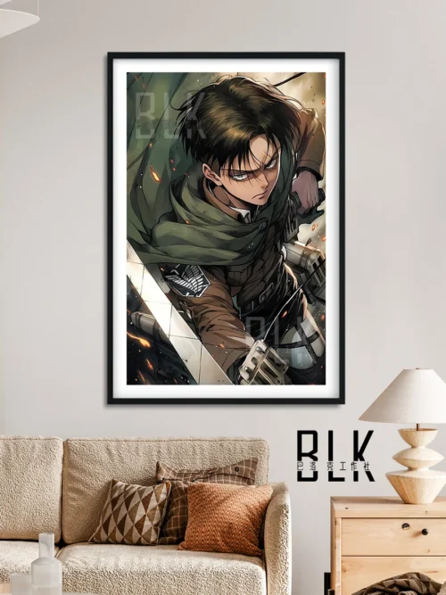"Detailed shot of the premium framed Baroque Fiery Captain Levi painting, highlighting the dynamic fiery effects, deep colors, and the ornate frame."