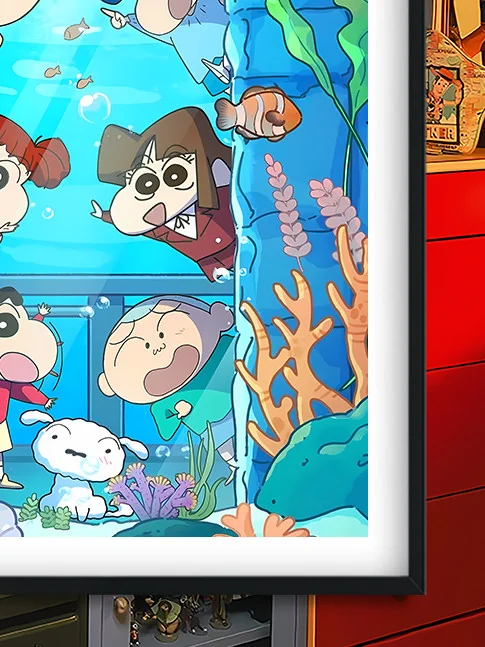 "Crayon Shin-chan Painting, showcasing the Kasukabe Defense Force in a whimsical Water World Baroque underwater art scene. View different angles."