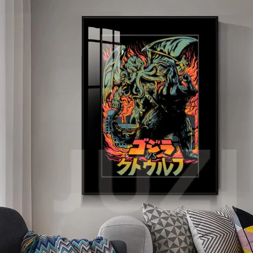 "Vivid, fade-resistant Godzilla vs. Cthulhu painting from JUZI Studio. Views showcase the dramatic kaiju battle and premium alloy frame details."