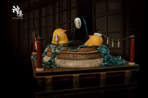 "Detailed views of the Serene No-Face & Radish Spirit Bathhouse Diorama, a premium Spirited Away resin statue, highlighting intricate sculpting."
