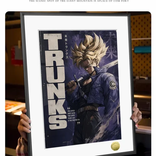 "Premium framed Dragon Ball Z Future Trunks art. Gallery view highlights dynamic battle pose, vibrant limited edition details, sleek frame."