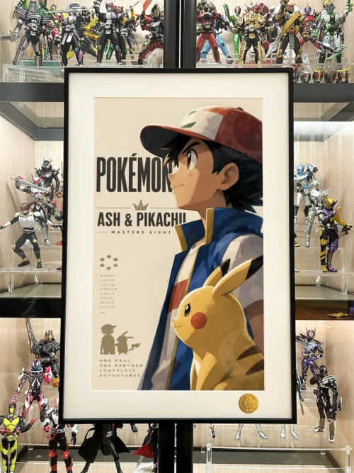 "Ash, Pikachu & Eevee Starry Sky Pokémon Art Print. Vivid details of this limited edition collector's piece show dynamic colors and artistic depth."