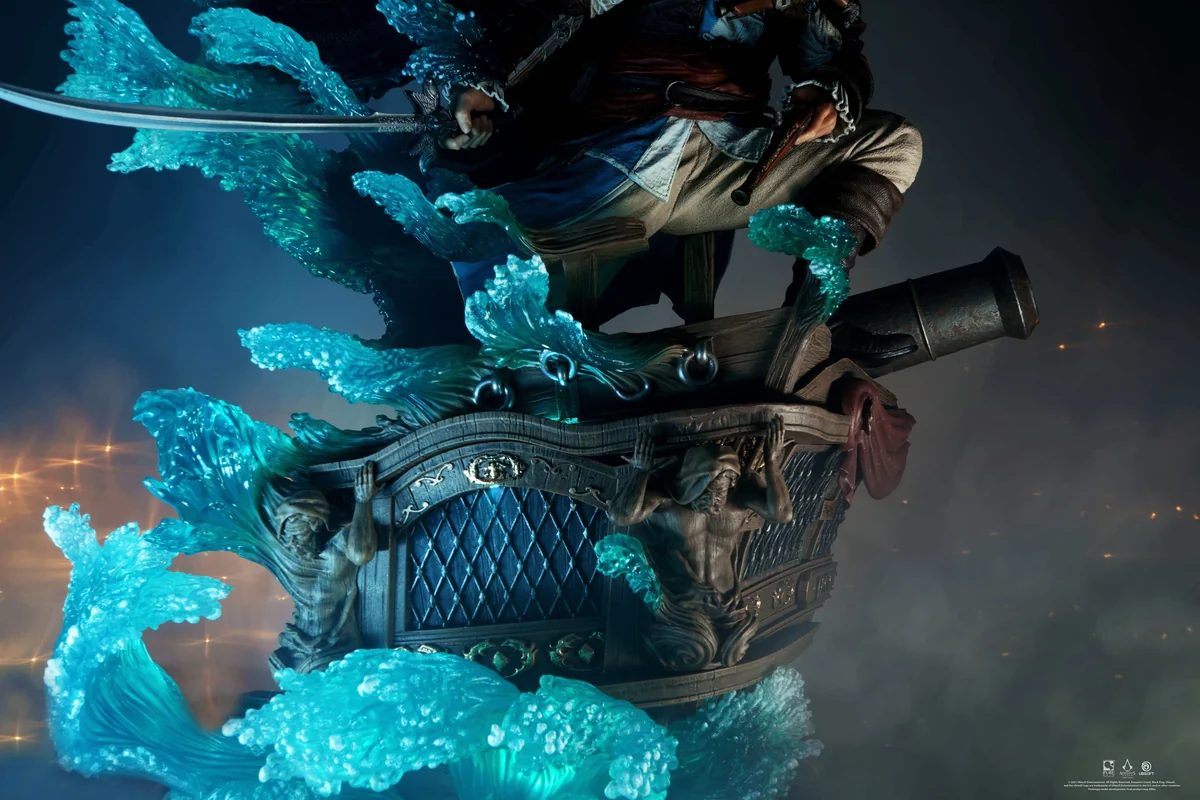 "Official 1/4 scale Edward Kenway Assassin's Creed light-up statue from multiple angles, showcasing its dynamic pose, intricate details."