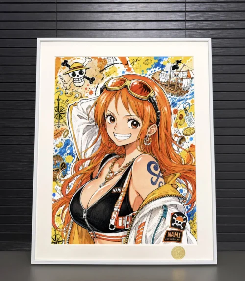 "Limited Edition Nami One Piece art print by H-TWO Studio. Gallery highlights vibrant anime style, dynamic pose, and premium framed details."