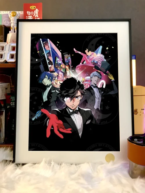 "Limited edition Persona 5 Art Print. Elegant Dinner Party decorative painting details: formal attire, sophisticated cosmic backdrop, intricate artist."