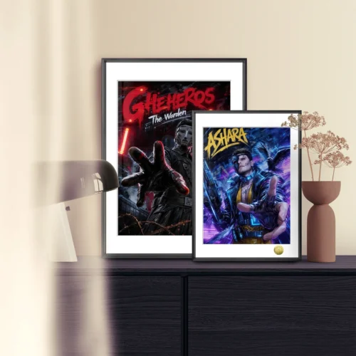 "Gritty Prison Boss Limited Edition Framed Fan Art Print, showcasing a tactical character with a raven motif against a dark urban backdrop."
