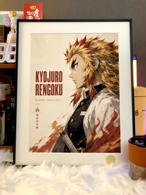 "Collector-grade Demon Slayer print: Rengoku Kyojuro vs. Akaza celestial battle under a cosmic sky. Dynamic action and vibrant details from multiple."