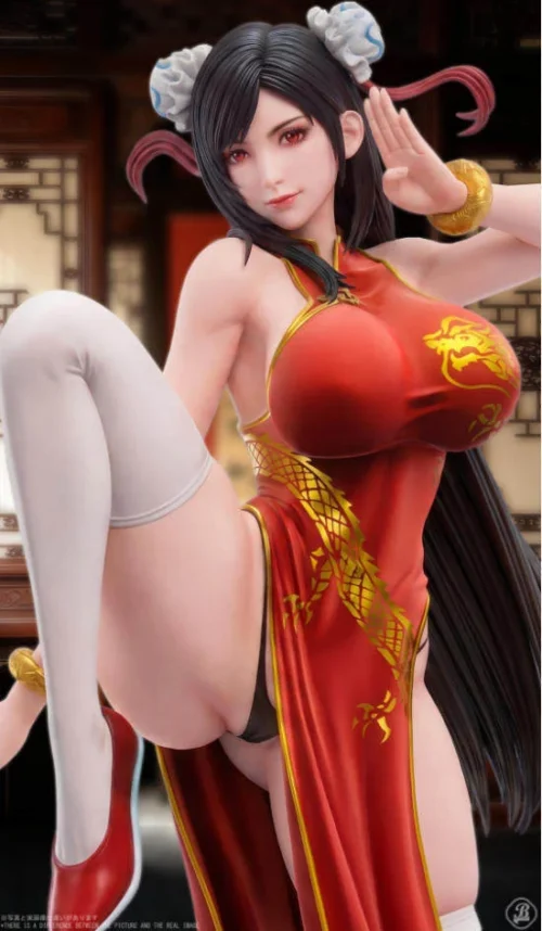 "Exclusive Tifa Cheongsam 1/6 Final Fantasy VII statue, BBSD Studio. Dynamic kung fu pose, elegant cheongsam details from all angles."