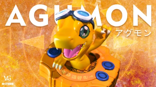"Limited edition cute Agumon Digimon figure with Digivice. See detailed angles, capturing playful nostalgia."
