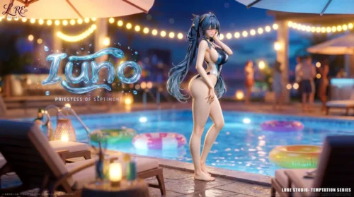 "Exquisite Wuthering Waves Yuno 1/6 scale statue by Lure Studio, showcasing a seductive poolside Yuno in an elegant swimsuit with dynamic water effect."