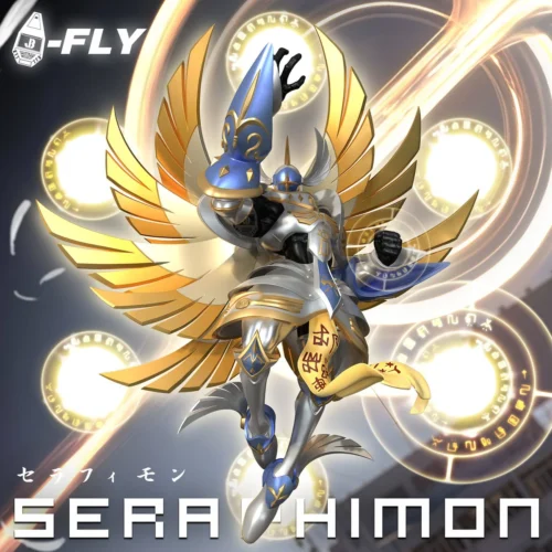 "Majestic Seraphimon Digimon resin statue by JBS Studio, captured in a dynamic flight pose with intricate angelic wings and ethereal energy effects."