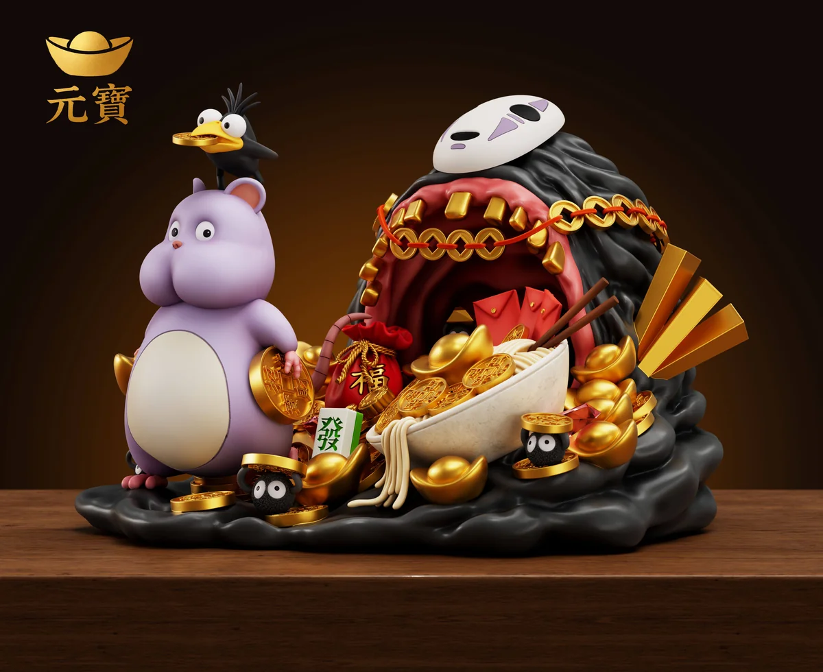 "Charming Auspicious Treasure Rat Baby resin statue, C-style, a chubby smiling rat joyfully holding a golden yuanbao, attracting wealth and luck."