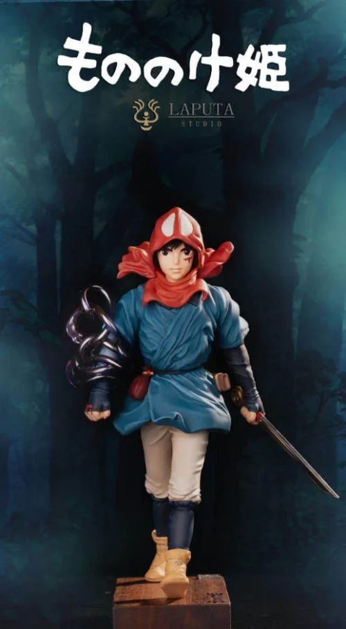 "Artistic Princess Mononoke Ashitaka figure, a premium Ghibli resin statue with a minimalist design and elegant natural wood base."