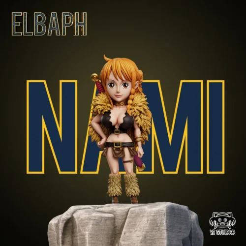 "Nami Elbaf Arc YZ Studio PU figure, seen from a new angle, highlighting her dynamic pose, Elbaf attire, and amazing details."