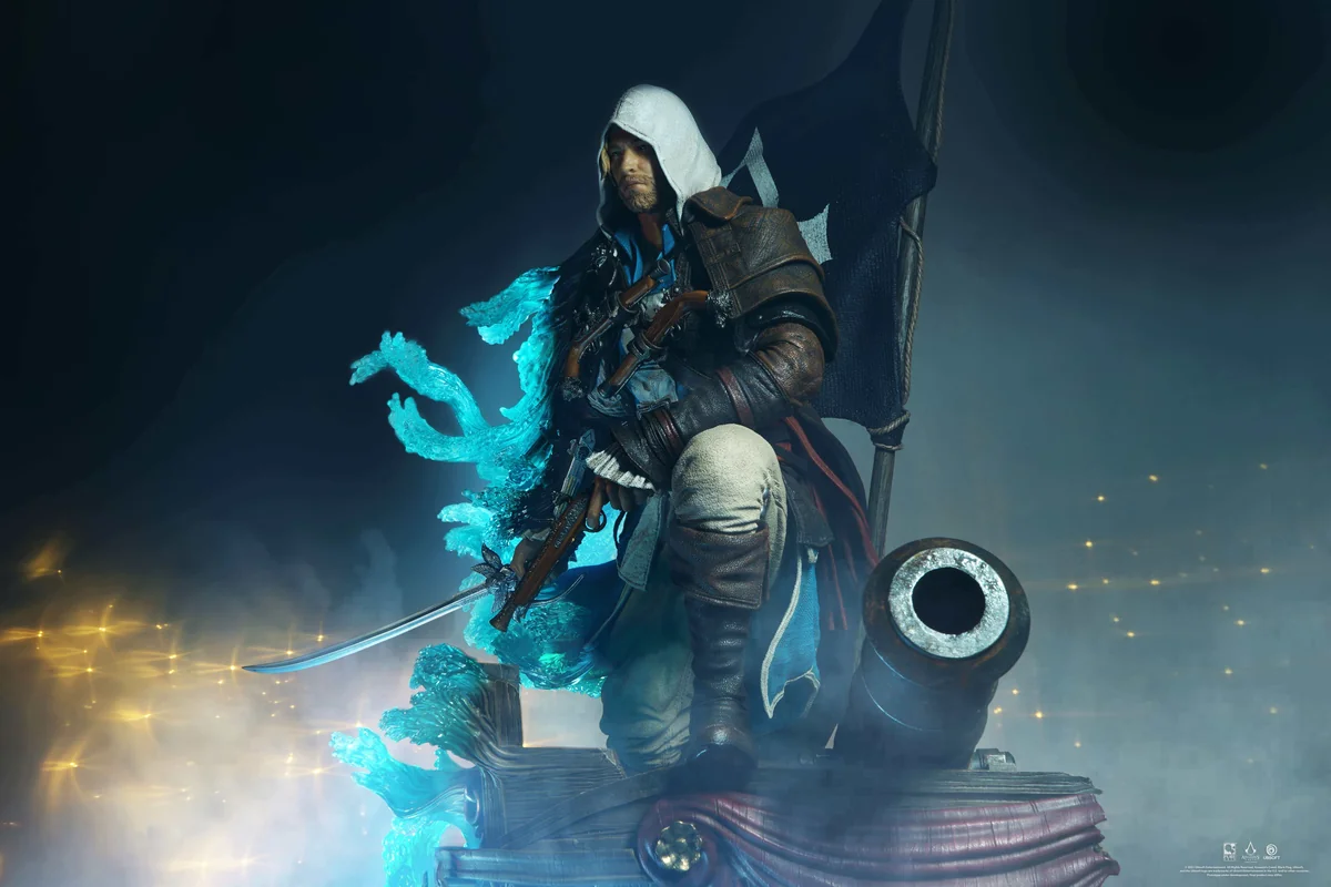 "Official 1/4 Edward Kenway Assassin's Creed light-up statue. Dynamic pose, intricate details, and Animus light effects shown from various angles."