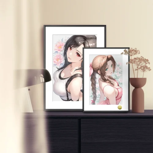 "Sweet Tifa and Aerith Final Fantasy VII art print, showcasing a whimsical, vibrant limited edition decorative painting by Huang Gua Studio."
